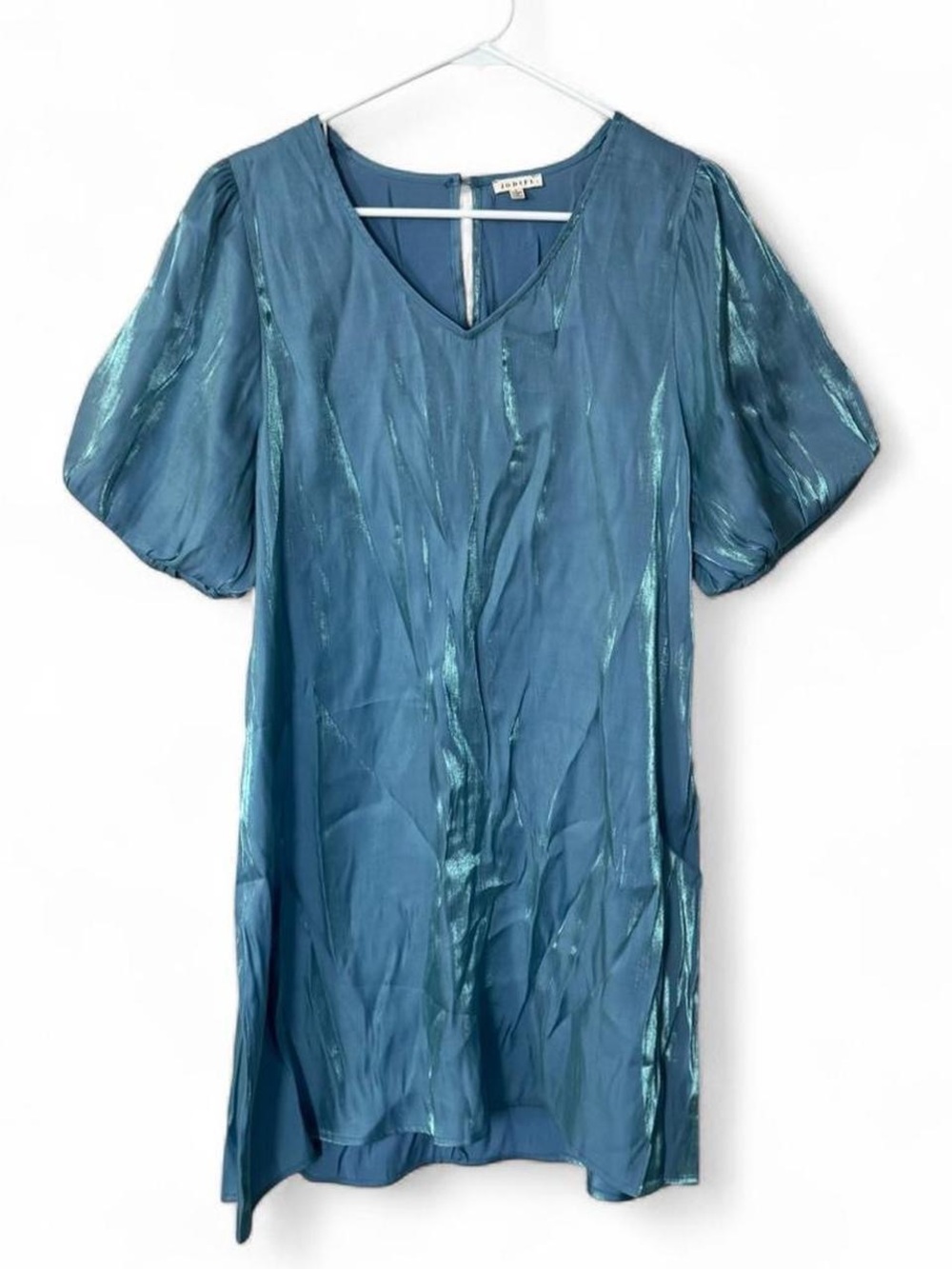 Metallic Teal Puff-Sleeve V-Neck Dress